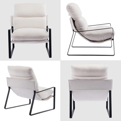 DUOMAY Modern White Sherpa Accent Chair, Comfy Lounge Lazy Chair with Metal Leg, Mid-Century Corner Arm Chair for Living Room Bedroom Office Apartment