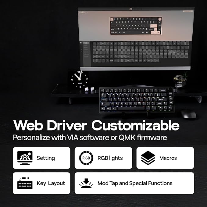 EPOMAKER P65 QMK/VIA Wireless Aluminum Gaming Keyboard, Gasket-Mount, Bluetooth/2.4Ghz/USB(A to C), Hot Swappable, N-Key Rollover, for Mac/PC/PS/Xbox (Black, Wisteria Linear Switch)