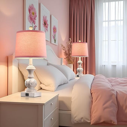 Set of 2 Pink Farmhouse Table Lamps 23.5" Vintage Nightstand Lamp with USB A+C Ports Antique Carved Floral Base & Pull Chain for Bedside, Living Room, Girls Bedroom, Dorm (Bulb Not Included)