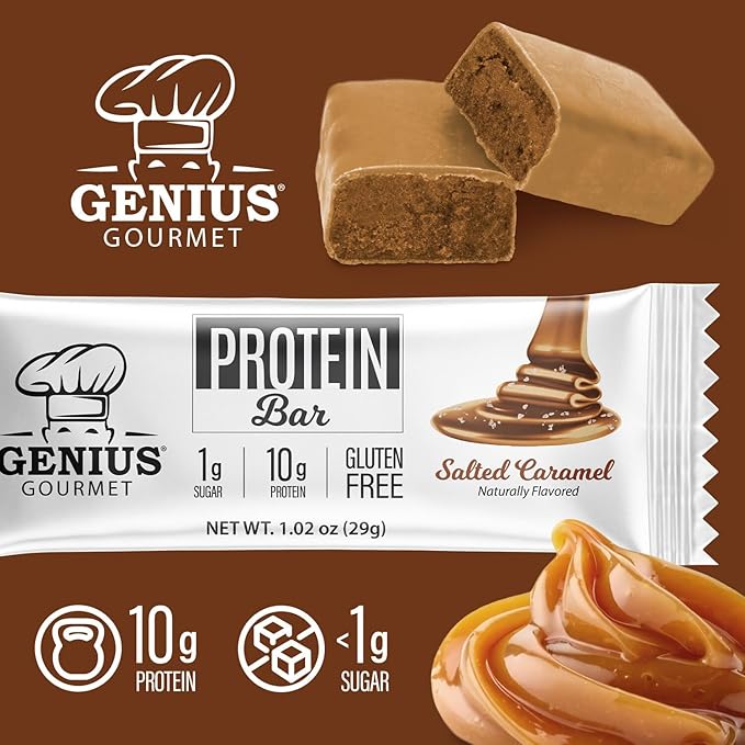 Genius Gourmet Protein Bar, Salted Caramel Keto Snack, Low Carb, Low Sugar & Gluten Free, Protein Snacks for Adults, 10G of Whey Protein per Protein Bar, 5 Net Carbs, 20 Count