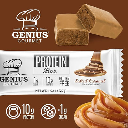 Genius Gourmet Protein Bar, Salted Caramel Keto Snack, Low Carb, Low Sugar & Gluten Free, Protein Snacks for Adults, 10G of Whey Protein per Protein Bar, 5 Net Carbs, 20 Count