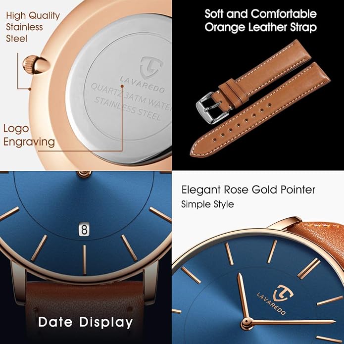L LAVAREDO Watch for Men, Extremely Thin Mens Watches Minimalist Analog Men's Leather Wrist Watches with Time/Date, Birthday Gift for Men Boyfriend