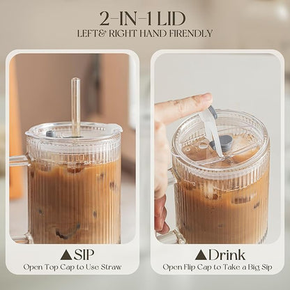 KEMORELA 4PCS 24oz Ribbed Glass Tumblers with Lids & Straws – Textured Handle Drinking Glasses for Iced Coffee, Smoothies, Cold Beverages – Reusable Clear Drinkware Set, Dishwasher Safe