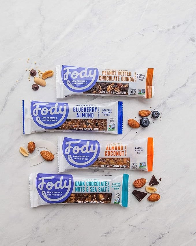 Fody Foods Snack Bars Variety Pack, 1.41 Oz (Pack of 24), Almond Coconut & Blueberry Almond, Protein Bars, Low FODMAP, Gut & IBS Friendly, Vegan, Lactose Free, Non-GMO, Gluten Free