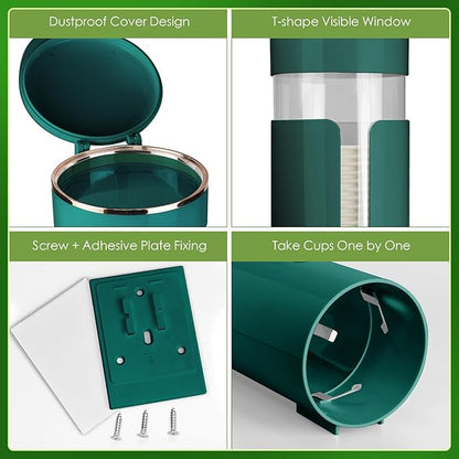 Wall Mounted Cup Dispenser for 5oz-8oz Disposable Cups - Pull Type Water Cooler Cup Holder with T-Shaped Window & Iron Clips, Dustproof Design for Family Bathroom, Office, Gym, Clinic (Green)