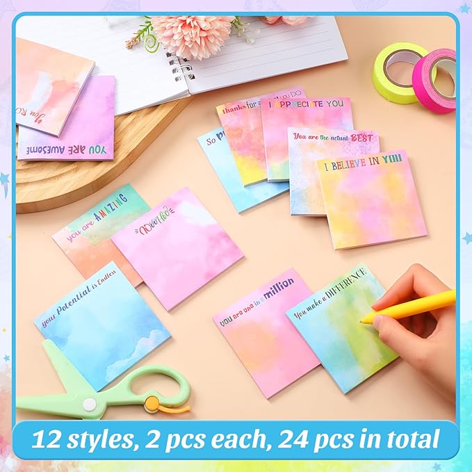 Yinder 24 Pcs Inspirational Sticky Notes Christmas Stocking Stuffers Motivational Sticky Notes Pad Employee Appreciation Gift Bulk for Teacher Nurse Coworker Office 3 x 3'' (Thank You,Water Color)