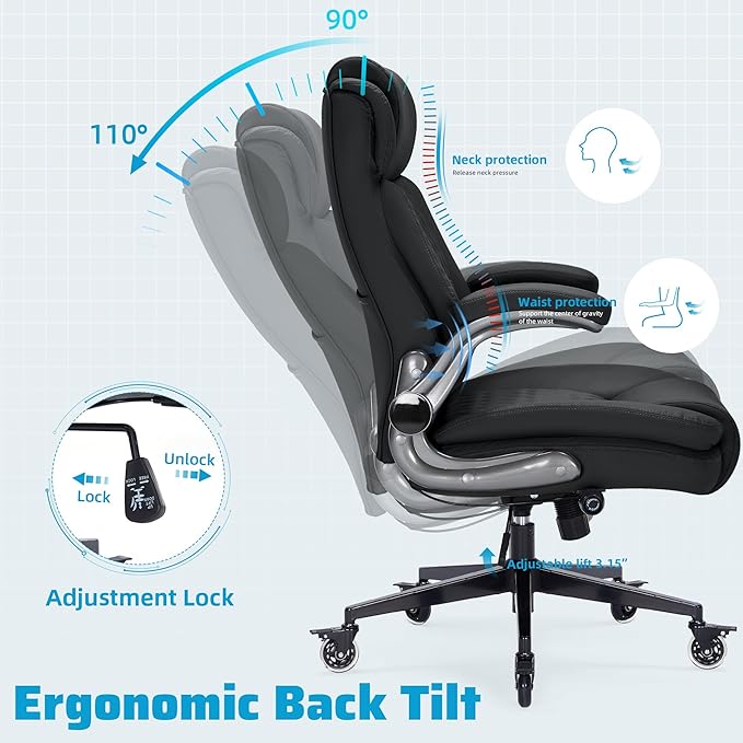 Large High Back Office Chair with Flip Arms- Executive Desk Chair with Locking Wheels, Adjustable Lumbar Support, Ergonomic Synthetic Leather Computer Chair Prevents Cats Scratching