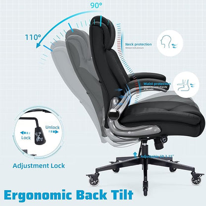 Large High Back Office Chair with Flip Arms- Executive Desk Chair with Locking Wheels, Adjustable Lumbar Support, Ergonomic Synthetic Leather Computer Chair Prevents Cats Scratching
