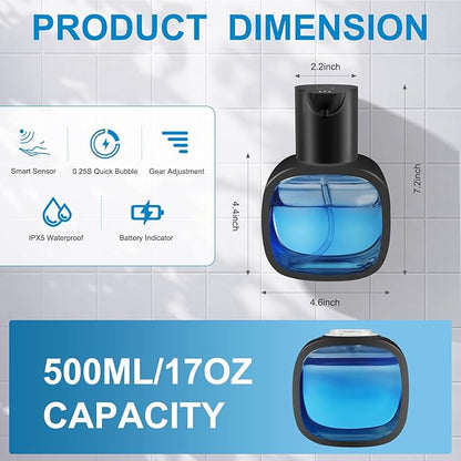 Automatic Foaming Soap Dispenser with 500ml/17oz Capacity, Touchless Soap Dispenser with 4 Level Adjustable, Rechargeable, Wall-Mounted, Waterproof for Kitchen, Bathroom, Hotel, Restaurant