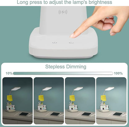 Sailstar Upgraded LED Desk Lamp with Wireless Charger, White Small Desk Light with Pen Holder, 3 Color Modes, CRI 85, 800 Lumen, Study Lamps for College Dorm Room, Home Office, Adapter Included