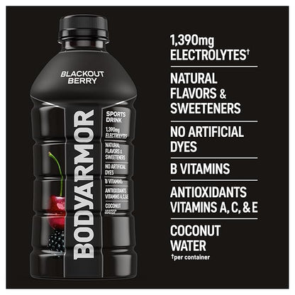 BODYARMOR Sports Drink Sports Beverage, Blackout Berry, Coconut Water Hydration, Natural Flavors With Vitamins, Potassium-Packed Electrolytes, Perfect For Athletes, 28 Fl Oz (Pack of 15)
