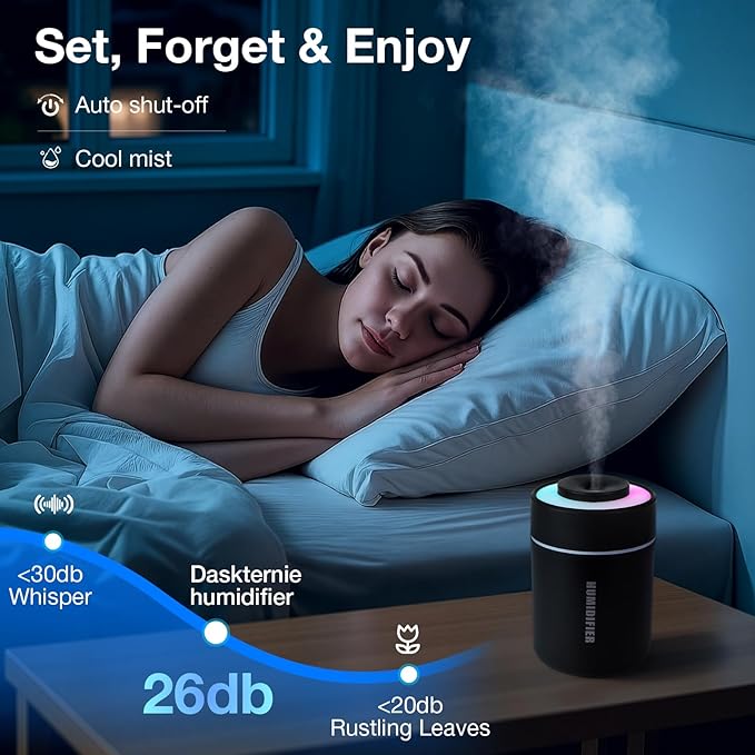 Portable Mini Humidifier, 180ml USB Cool Mist Small Humidifiers for Bedroom, Personal Desktop Humidification for Car Office Travel & Indoor Plants(Black)