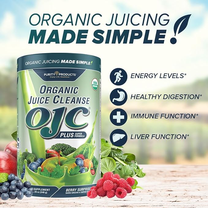 Certified Organic Juice Cleanse OJC Plus Berry Surprise - Purity Products - 30+ Organic Veggies and Fruits - 5 Grams of Fiber - Promotes Energy and Digestive Function - 12.28 oz - 348 g - 30 Servings