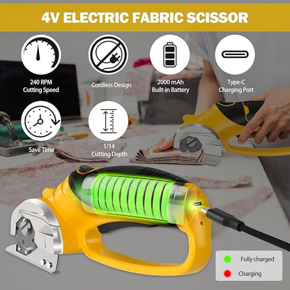Cordless Electric Scissors, 4V Box Cutter & Cardboard Cutter with Upgrade Blade, LED Light, Safety Lock - Rechargeable Rotary Cutter for Fabric, Leather, Plastic, Crafting, Sewing, Industrial (Yellow)