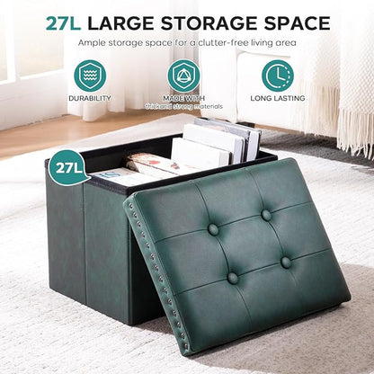 Folding Storage Ottoman, Small Faux Leather Foot Rest Stool with Rivet Design, 16 x 12 x12 Inches Ottoman with Storage Vanity Stool Coffee Table for Living Room, Bedroom, Load 242 lbs, Green