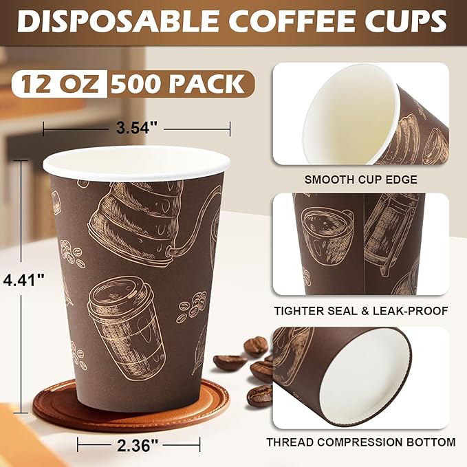 500 Pack 12 oz Coffee Cups, Paper Cups 12 oz Disposable Coffee Cups Thickened Paper Cups Bulk Hot/Cold Cup for Office, Home, Event
