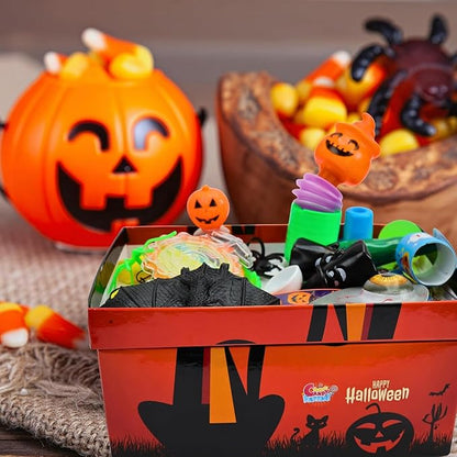 Sarah's Candy Factory Halloween Tower Box with Ribbon – 6 Tier Gift Box with Candy Corn, Autumn Mix, Indian Candy Corn, Jelly Pumpkins and 20 Fun Toys, Individually Wrapped Treat Packs
