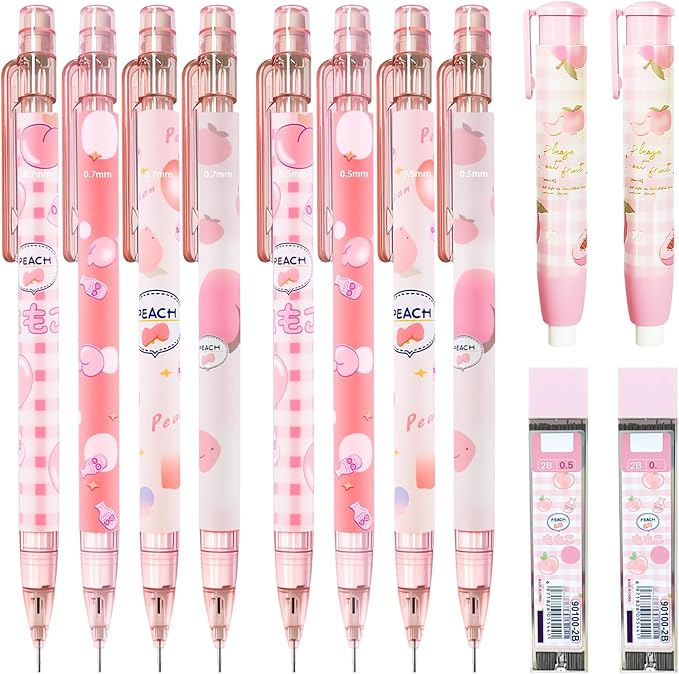 Cute Pink Coquette Peach Mechanical Pencil Set Include 8Pcs Kawaii Mechanical Pencils,2 Tubes Mechanical Pencil Lead Refills,2Pcs Erasers,for Office School Supplies