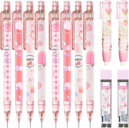 Cute Pink Coquette Peach Mechanical Pencil Set Include 8Pcs Kawaii Mechanical Pencils,2 Tubes Mechanical Pencil Lead Refills,2Pcs Erasers,for Office School Supplies