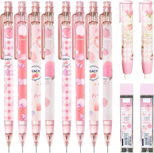 Cute Pink Coquette Peach Mechanical Pencil Set Include 8Pcs Kawaii Mechanical Pencils,2 Tubes Mechanical Pencil Lead Refills,2Pcs Erasers,for Office School Supplies