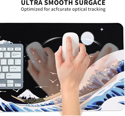 MEWOOCUE® Gaming Mouse Pad for Desk,Large Wave Mousepad Laptop,Black Japanese Anime Mouse Mat,Long XXL Waterproof Keyboard Pads,Big Non-Slip Mousepads for Game Office Home（35.4 x 15.7 in）