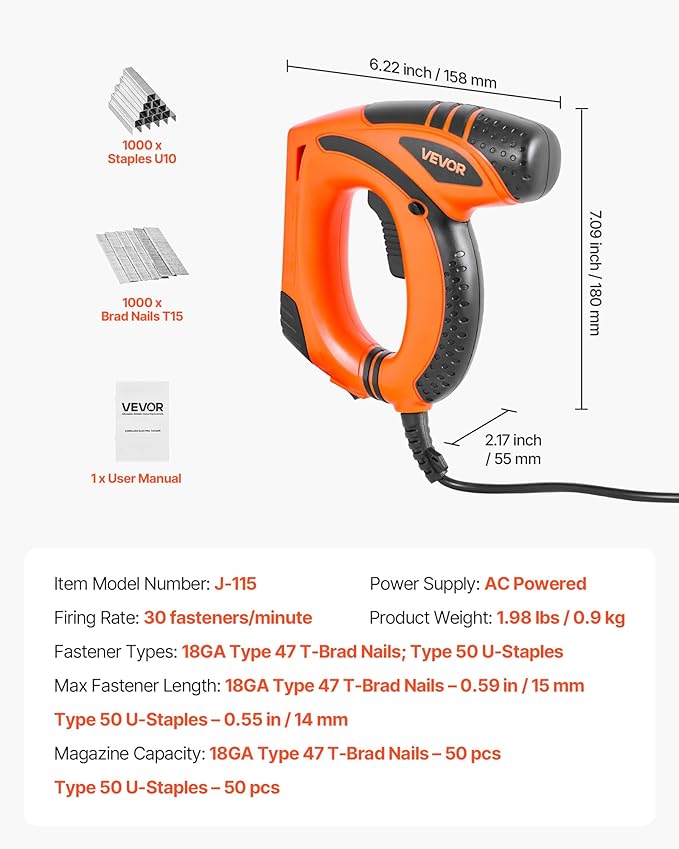 VEVOR Electric Nail Gun, 2-in-1 Staple Gun Brad Nailer, 18 Gauge 5/8 inch, Stapler Brad Nailer with 1000 Pcs Staples and 1000 Pcs Brad Nails, Non-Slip Rubber Grip, for Woodworking and DIY Projects