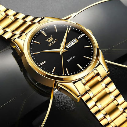 Men's Casual Stainless Steel Watch, Big Face Easy to Read Analog Quartz Watch with Day and Date, Classic Waterproof Diamond Roman Arabic Numerals Dial Dress Watch for Men, Gold Silver Black Band