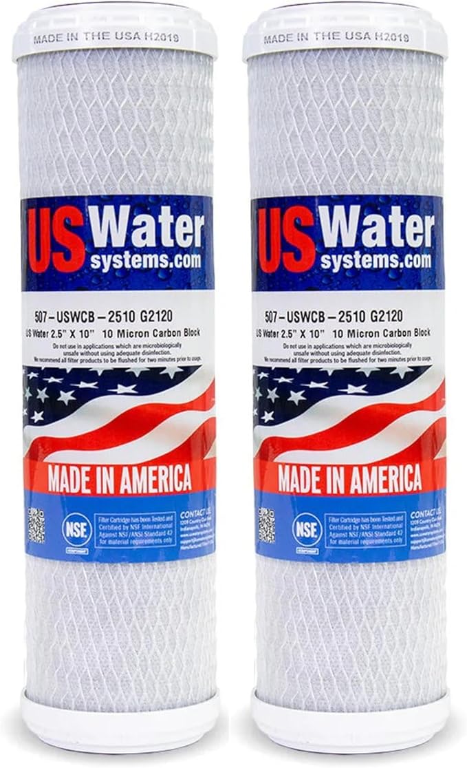 US Water Systems Carbon Water Filter 10 X 2.5, Whole House Water Filter Cartridge 10 Micron, Removes Contaminants for Superior Taste and Odor Removal, Made in the USA - Pack of 2