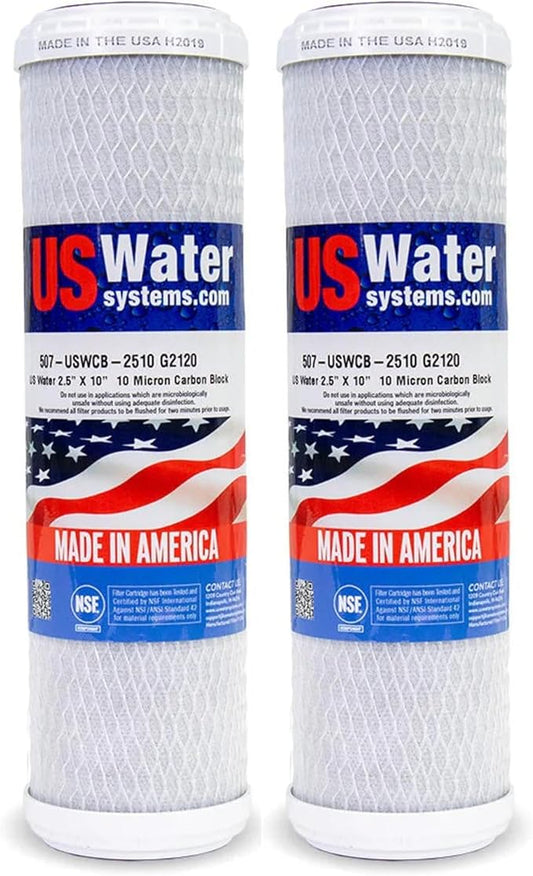 US Water Systems Carbon Water Filter 10 X 2.5, Whole House Water Filter Cartridge 10 Micron, Removes Contaminants for Superior Taste and Odor Removal, Made in the USA - Pack of 2