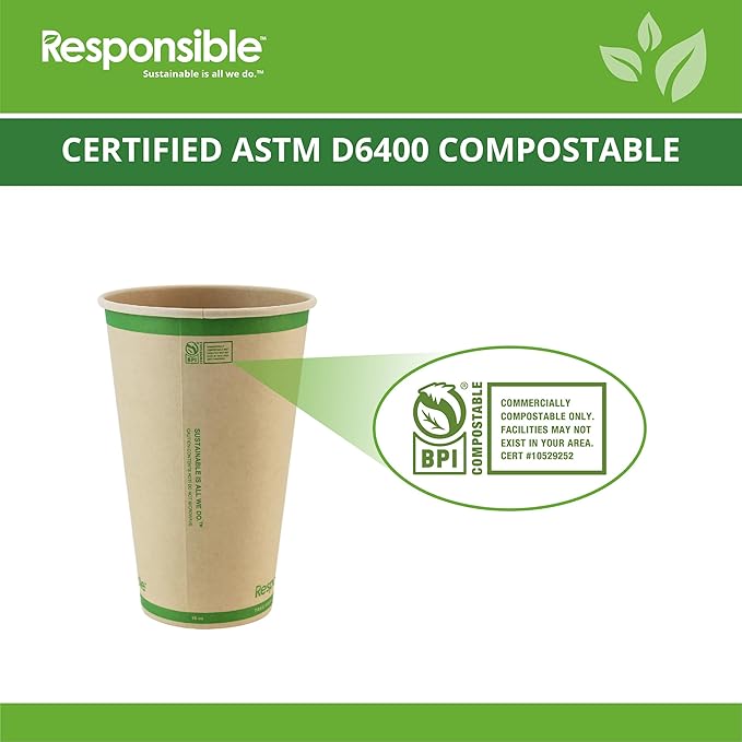 Responsible Products 16 oz Paper Hot Cups, Tree-Less™ Compostable Paper Coffee Cups, Extra Strength, Tree-Free and Made Without PFAS, Natural Brown (1000 Count)