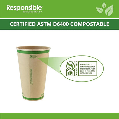 Responsible Products 16 oz Paper Hot Cups, Tree-Less™ Compostable Paper Coffee Cups, Extra Strength, Tree-Free and Made Without PFAS, Natural Brown (1000 Count)