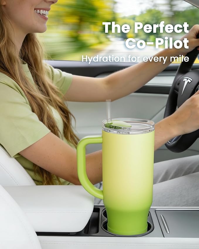 Renoj Tumbler with Handle 100% Spill Resistant Insulated Water Bottle for Iced Coffee & Hot Drinks - Fits Car Cup Holder, Ideal Gift, 2 Straws & Silicone Boot BPA-Free - FlexSlide Green Gradient 40 oz