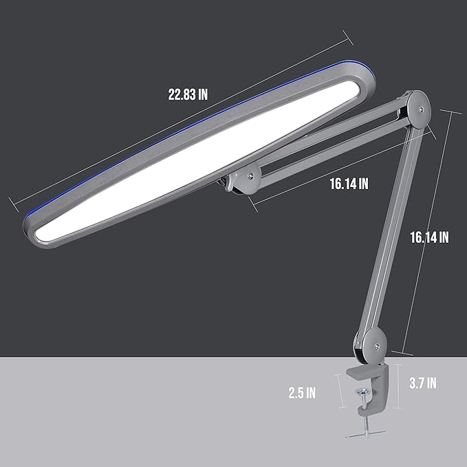 Neatfi XL LED Desk Lamp with Clamp – 2,200 Lumens, 23” Wide, Dimmable Task Light for Office, Study, Crafting & Nail Techs (Non-CCT with Clamp, Silver)