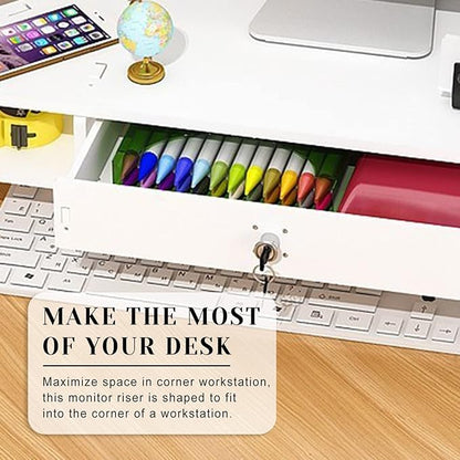 White Corner Monitor Riser with Drawer, Triangle Screen Stand with Lock, Ergonomic Computer Monitor Stand, Triangle Storage Desk Stand