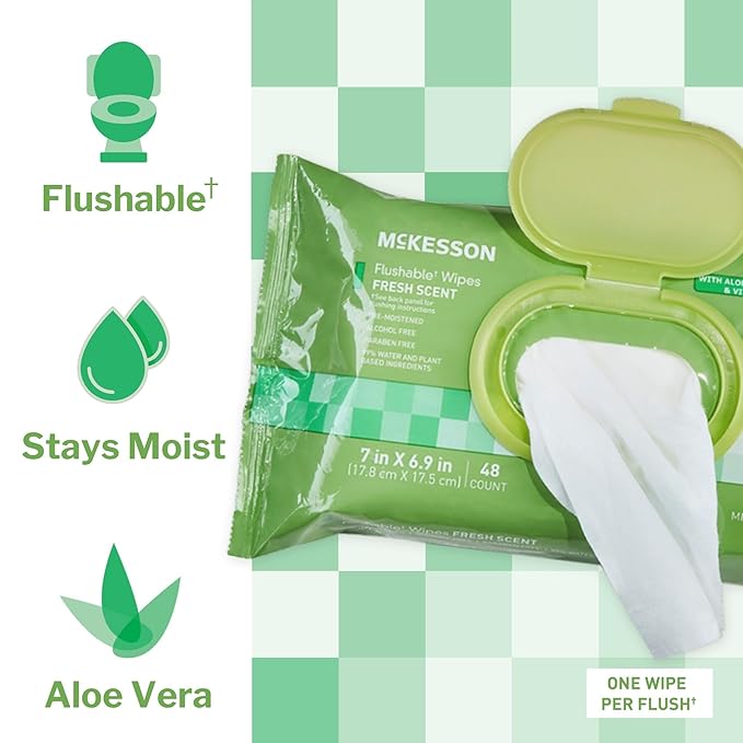 McKesson Flushable* Adult Wet Wipes – 288 Wipes (6 Pack of 48) – Aloe & Vitamin E, Plant-Based Cleansing Wipes, Scented