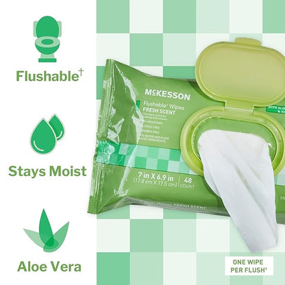 McKesson Flushable* Adult Wet Wipes – 288 Wipes (6 Pack of 48) – Aloe & Vitamin E, Plant-Based Cleansing Wipes, Scented