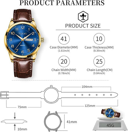 Men's Watch Big Face Easy Read Arabic Numeral Dress Watches for Men Classic Black Brown Leather Band Analog Mens Wrist Watch with Day and Date Fashion Business Waterproof Luminous Quartz Watch
