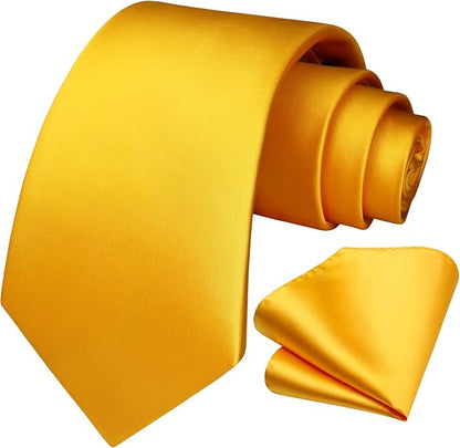 HISDERN Mens Solid Color Ties Formal Satin Necktie and Pocket Square Set Classic Wedding Business Tie & Handkerchief
