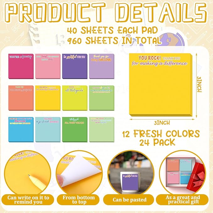 Yinder 12 Pcs Employee Appreciation Sticky Notes Xmas Gift Bulk Motivation Note Pads Mini Inspirational Note Gift for Teacher Nurse Staff Coworker Office Supply 3 x 3'' (Appreciation,Colorful)