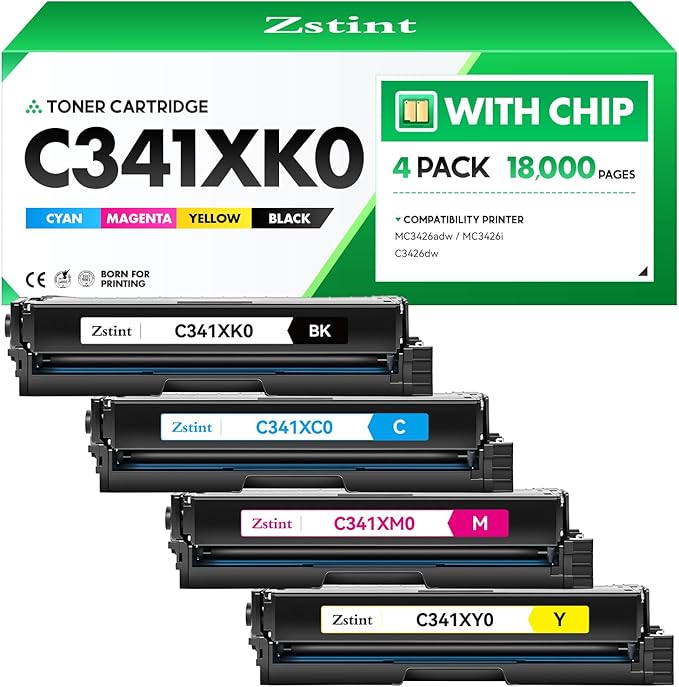 C341XK0 C341XC0 C341XM0 C341XY0 Toner Cartridge Set (4-Pack with chip) High Yield Replacement Compatible for Lexmark Color MC3426adw C3426dw MC3426i Printer All-in-One Ink (Black Cyan Magenta Yellow)