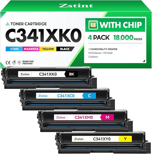C341XK0 C341XC0 C341XM0 C341XY0 Toner Cartridge Set (4-Pack with chip) High Yield Replacement Compatible for Lexmark Color MC3426adw C3426dw MC3426i Printer All-in-One Ink (Black Cyan Magenta Yellow)