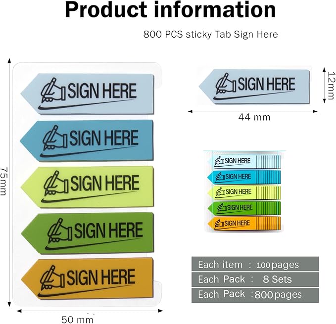 800 Sheets Sign Here Index Marker, Assorted Colors Sign Here Tabs Sign Post Here Index, Flags Vital Signs Sticky Notes for documents notebooks Contracts, Books,Files or Notary Supplies