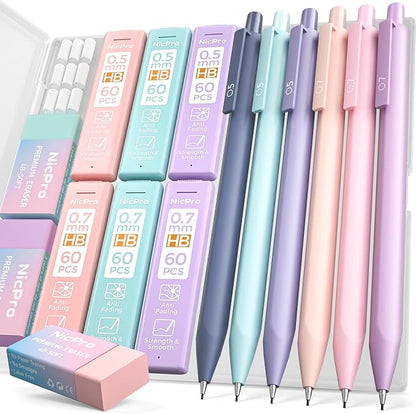 Nicpro 6PCS Pastel Mechanical Pencil Set with Case, Cute Drafting Pencils 0.5mm & 0.7mm with 6 Tubes HB Lead Refills, Erasers, Eraser Refills, Aesthetic School Supplies for Girls Drawing Sketching