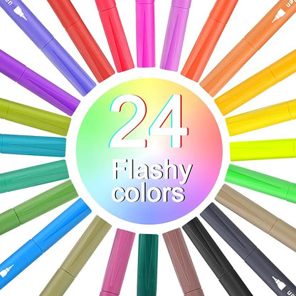 Art Brush Markers Pens for Adult Coloring Books, 24 Colors Dual Tip (Brush and Fine Point) Marker Pen for Journaling Note taking Planner Hand Lettering Art Suppliers
