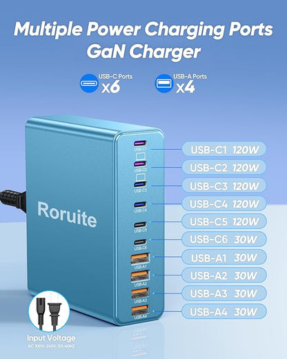 800W USB C Charging Station, 120W PD GaN5 Super Fast USB C Charger Block-10 Port, Type C for PC Laptop MacBook Pro/Air Charger Compatible with iPhone 17 16 15 14 13 12 Pro Max, iPad, Galaxy (Blue)