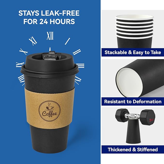 JOLLY CHEF 16 oz Coffee Cups-100 Pack, Disposable Black Hot Paper Cups with Lids, Sleeves and Stirrers for all Kinds of Beverages
