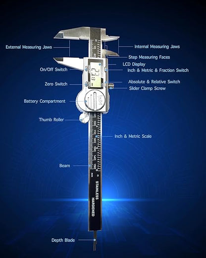 Digital Caliper Measuring Tool, 6 Inch with Feeler Gauges, IP54 Waterproof Stainless Steel, MM/Inch/Fraction, (ABS) Absolute Scale Calipers, Auto-Off LCD Micrometer Vernier Caliper