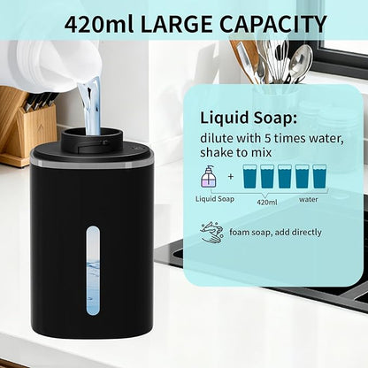 Automatic Soap Dispenser Touchless, Wall Mounted Smart Soap Dispenser, USB Rechargeable, 4 Adjustable Levels, 14.2oz / 420ml Large Capacity, for Bathroom, Kitchen, School (Black, Liquid)