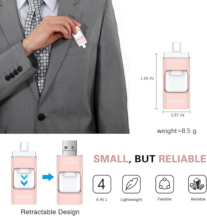 Flash Drive for iPhone 512GB, 4 in 1 USB Type C Memory Stick, Photo Stick External Storage Thumb Drive for iPhone iPad Android Computer, Rose Pink