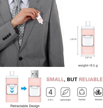 Flash Drive for iPhone 512GB, 4 in 1 USB Type C Memory Stick, Photo Stick External Storage Thumb Drive for iPhone iPad Android Computer, Rose Pink